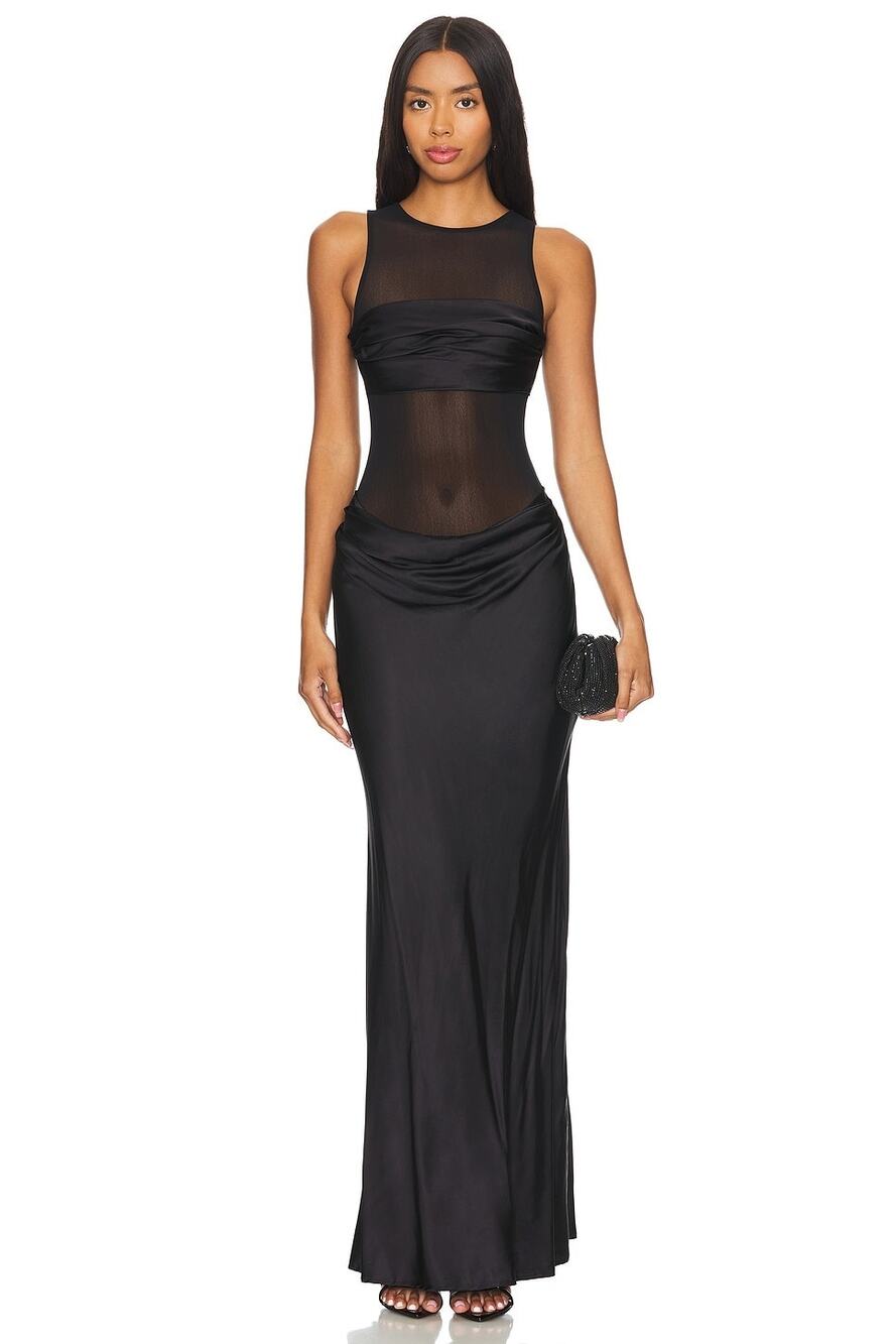 NBD Fiza Black Minimalist Glam Coquette Sheer Mesh Top Maxi Dress M